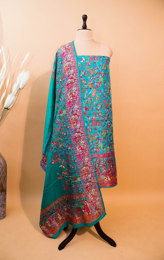 Pashmina Style Weaving In Pure Munga Silk Banarasi Unstitched Suit -blue