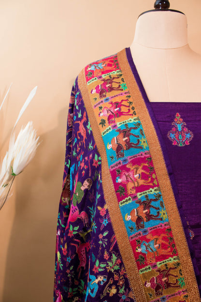 Pashmina Style Weaving In Pure Munga Silk Banarasi Unstitched Suit - Purple