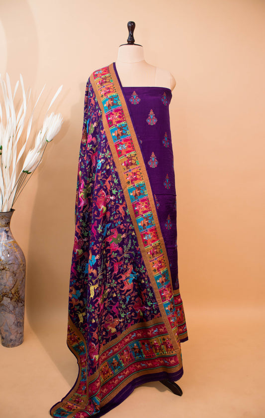 Pashmina Style Weaving In Pure Munga Silk Banarasi Unstitched Suit - Purple