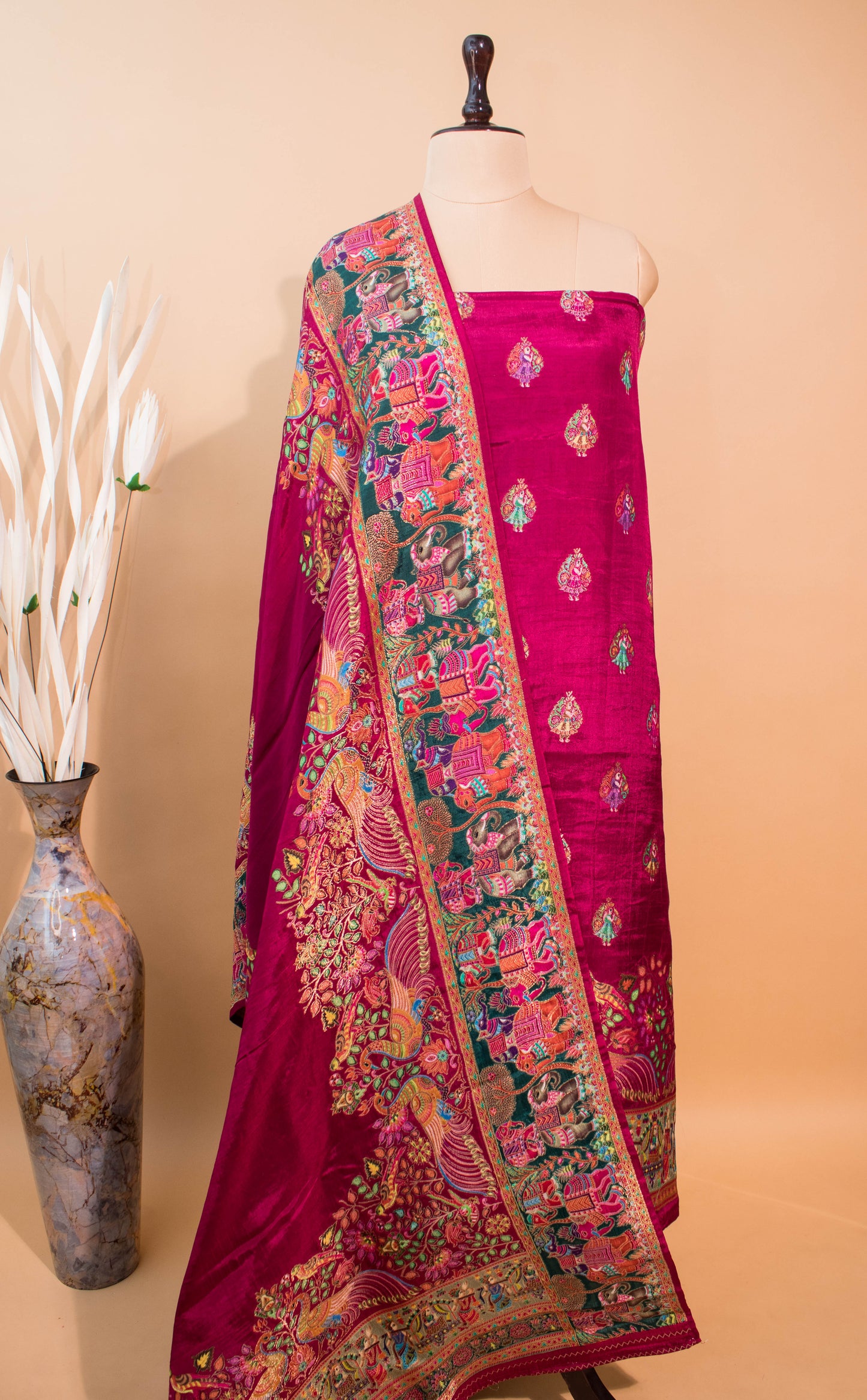 Pashmina Style Weaving In Pure Munga Silk Banarasi Unstitched Suit - Pink