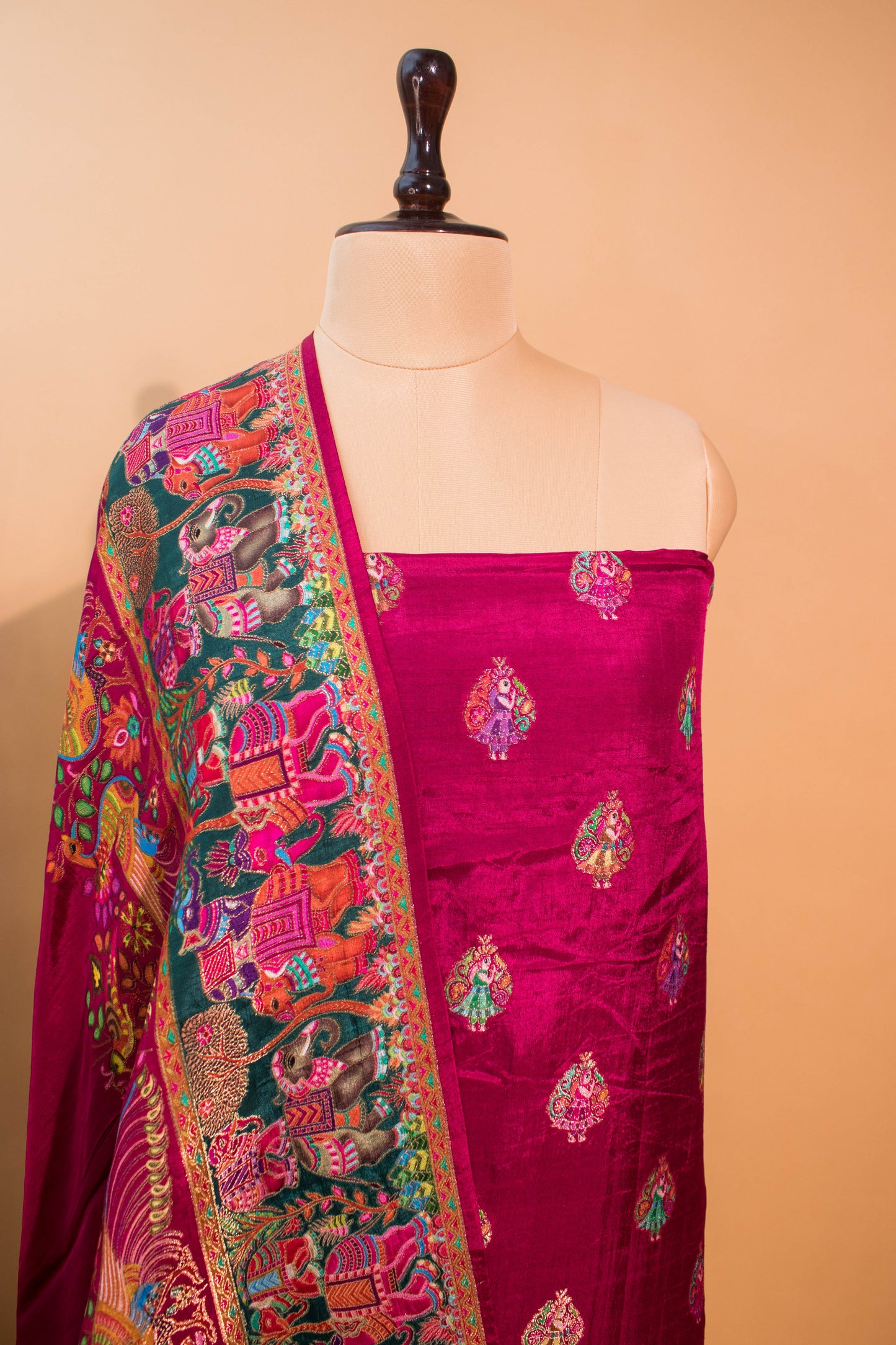 Pashmina Style Weaving In Pure Munga Silk Banarasi Unstitched Suit - Pink
