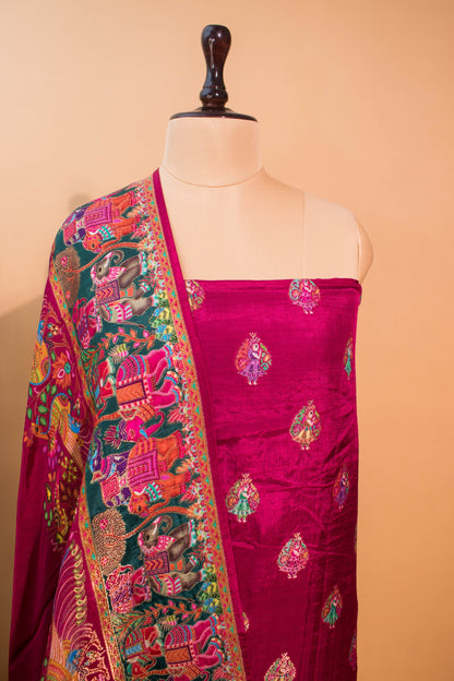 Pashmina Style Weaving In Pure Munga Silk Banarasi Unstitched Suit - Pink