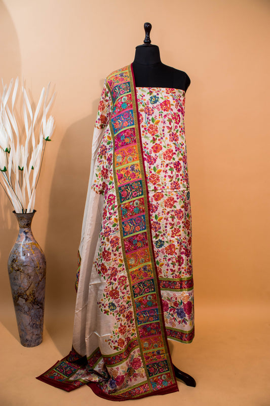 Pashmina Style Weaving In Pure Munga Silk Banarasi Unstitched Suit - White