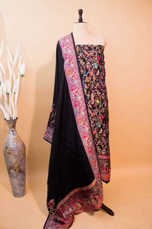 Pashmina Style Weaving In Pure Munga Silk Banarasi Unstitched Suit - Black