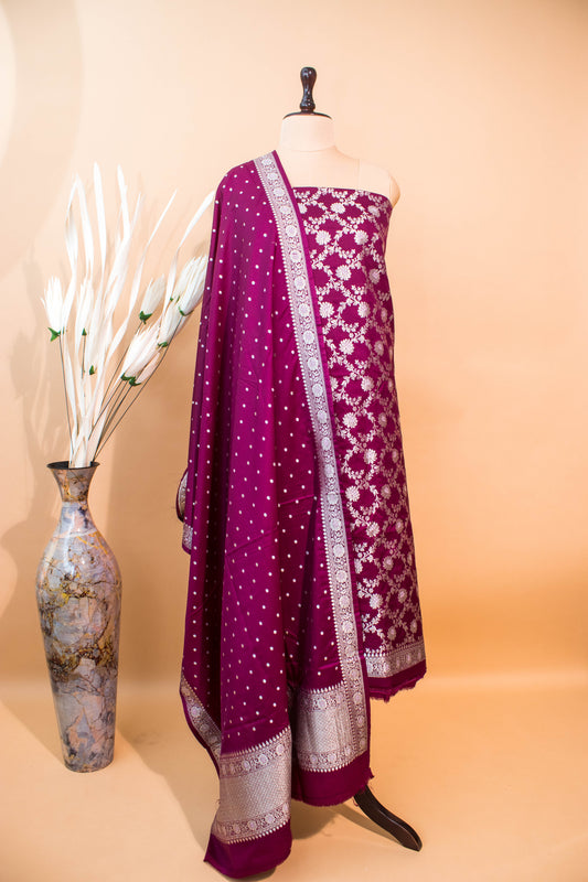 Banarasi Kataan Silk Suit Fabrics 3pc - Wine