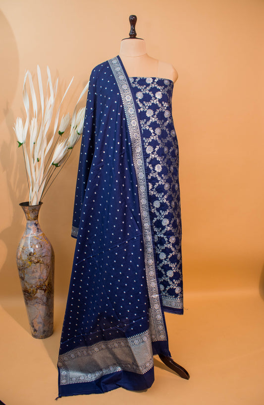 Banarasi Kataan Silk Suit Fabrics 3pc - Blue