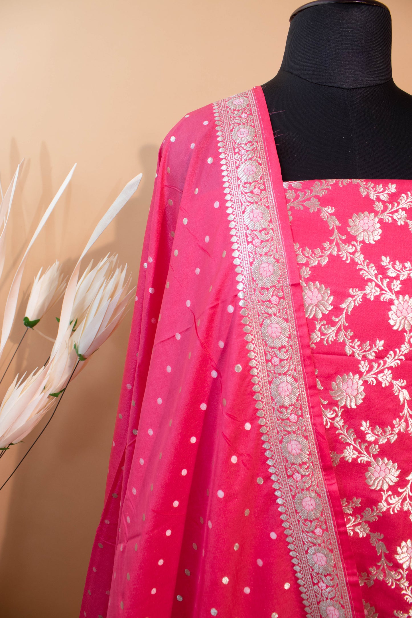 Banarasi Kataan Silk Suit Fabrics 3pc - Pink