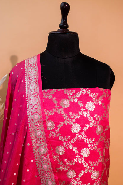 Banarasi Kataan Silk Suit Fabrics 3pc - Pink