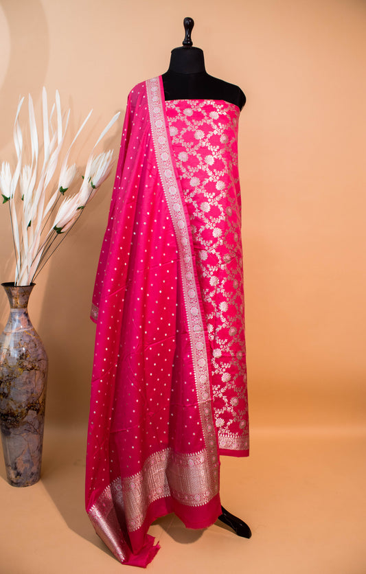 Banarasi Kataan Silk Suit Fabrics 3pc - Pink