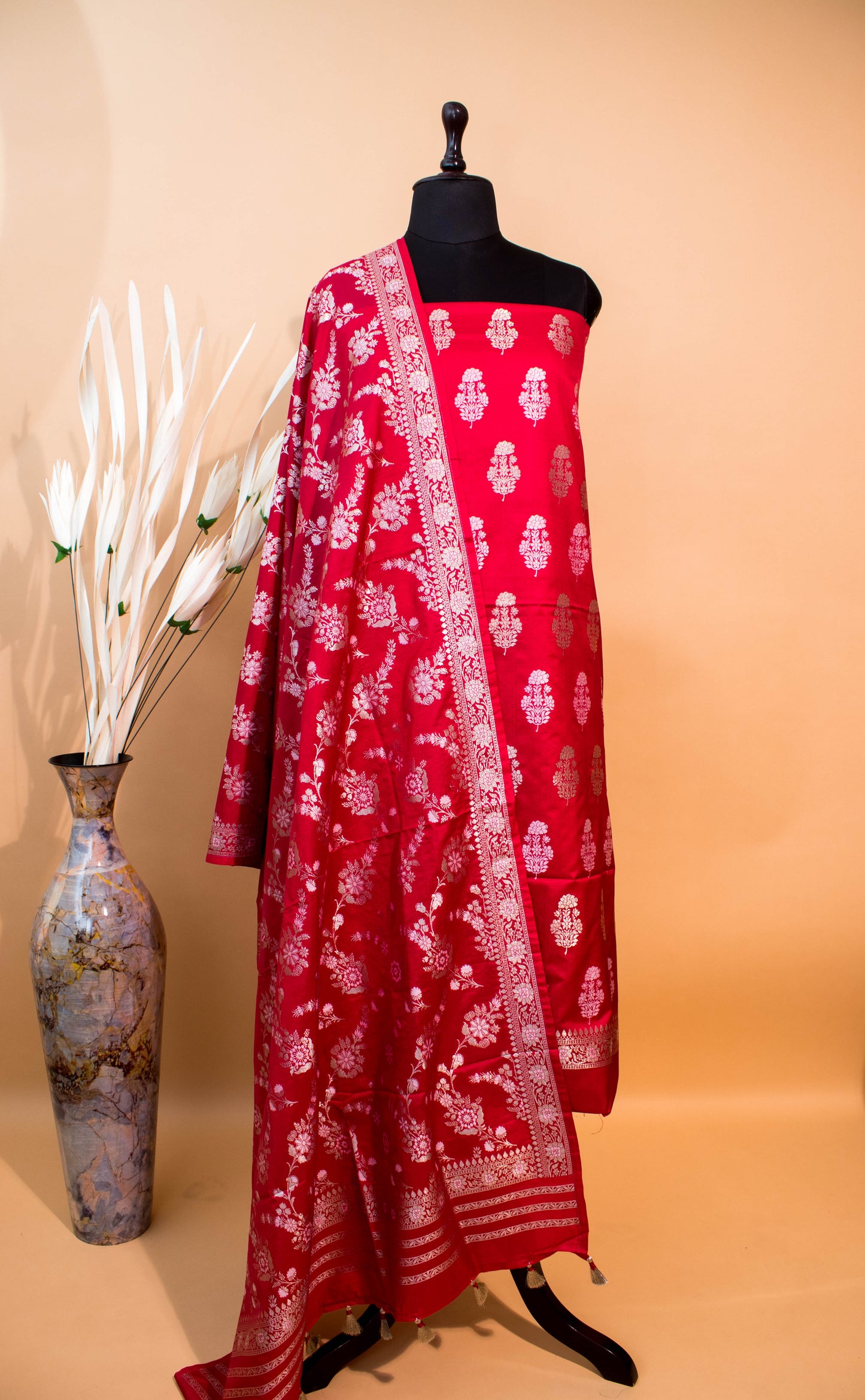 Banarasi Kataan Silk Suit Fabrics 3pc - Red