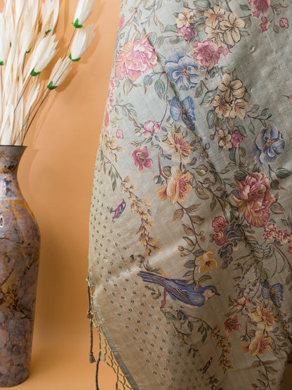 Pure Tussar Silk Printed In Sober N Elegant Taste -grey