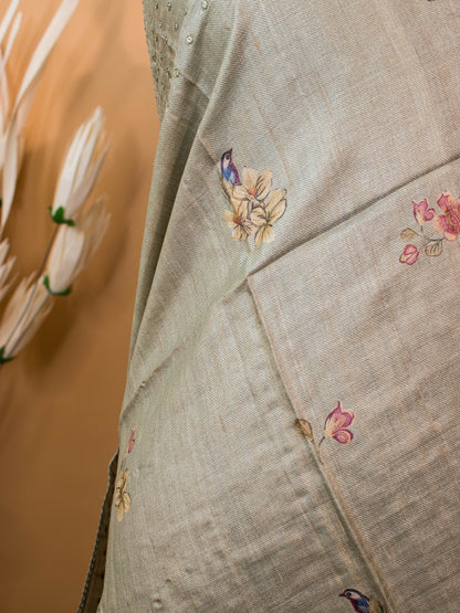 Pure Tussar Silk Printed In Sober N Elegant Taste -grey