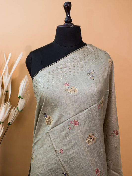 Pure Tussar Silk Printed In Sober N Elegant Taste -grey