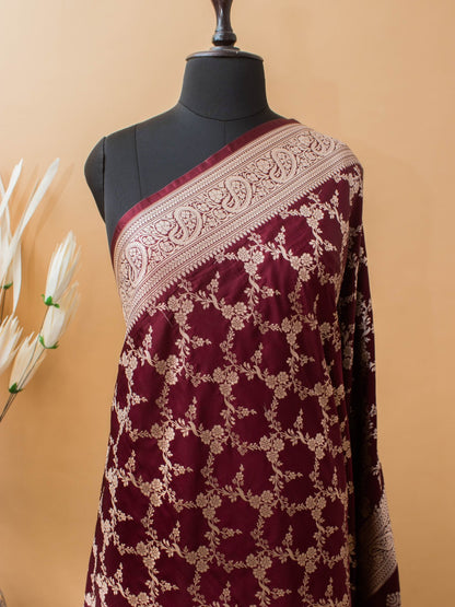 Upaada Jaal Weaving In Mashru Silk- Maroon