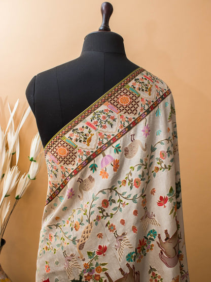 Meenakari Pichwai Weaving In Munga Silk -whte