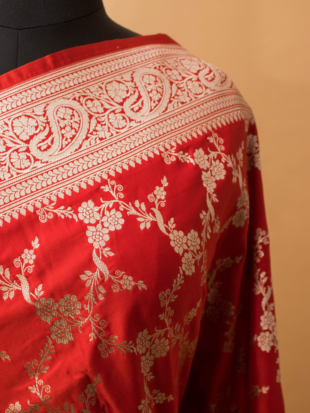 Upaada Jaal Weaving In Mashru Silk- Red