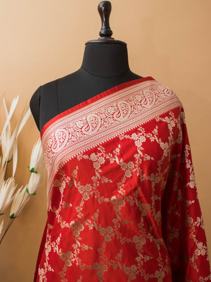 Upaada Jaal Weaving In Mashru Silk- Red