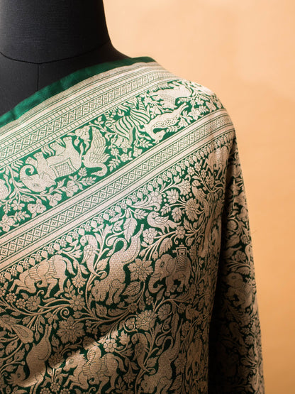 Shikargha Weaving In Pure Kataan Silk Hand Weaved -green