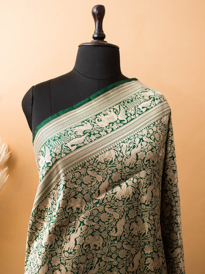 Shikargha Weaving In Pure Kataan Silk Hand Weaved -green