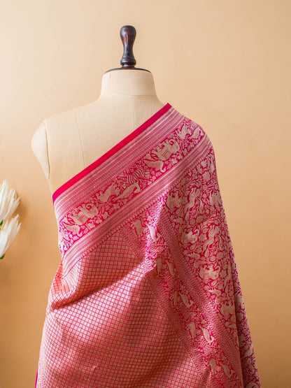 Shikargha Weaving In Pure Kataan Silk Hand Weaved - Pink