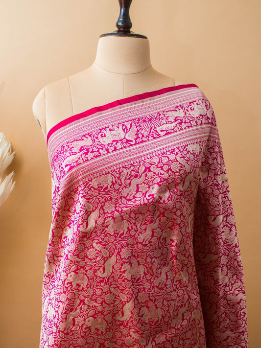 Shikargha Weaving In Pure Kataan Silk Hand Weaved - Pink