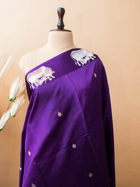 Mother Cow Feeding Its Calf In Pure Mashru Silk Saree - Dark Purple