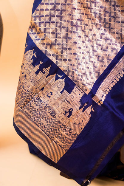 Handloom Banarasi Pure Katan Silk Ghaat Border Blue