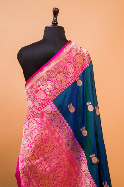 Handloom Banarasi Pure Katan Silk Contrast Border Butti Design Blue