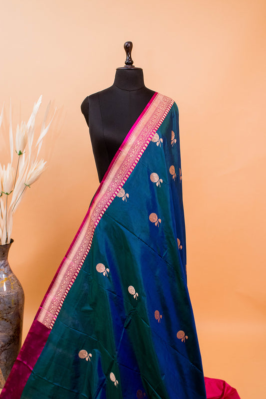 Handloom Banarasi Pure Katan Silk Contrast Border Butti Design Blue