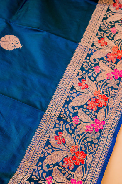 Handloom Banarsi Pure Kataan Silk Meenakari Border Blue
