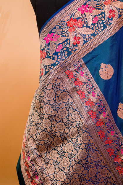 Handloom Banarsi Pure Kataan Silk Meenakari Border Blue