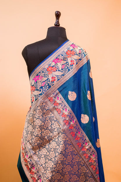 Handloom Banarsi Pure Kataan Silk Meenakari Border Blue