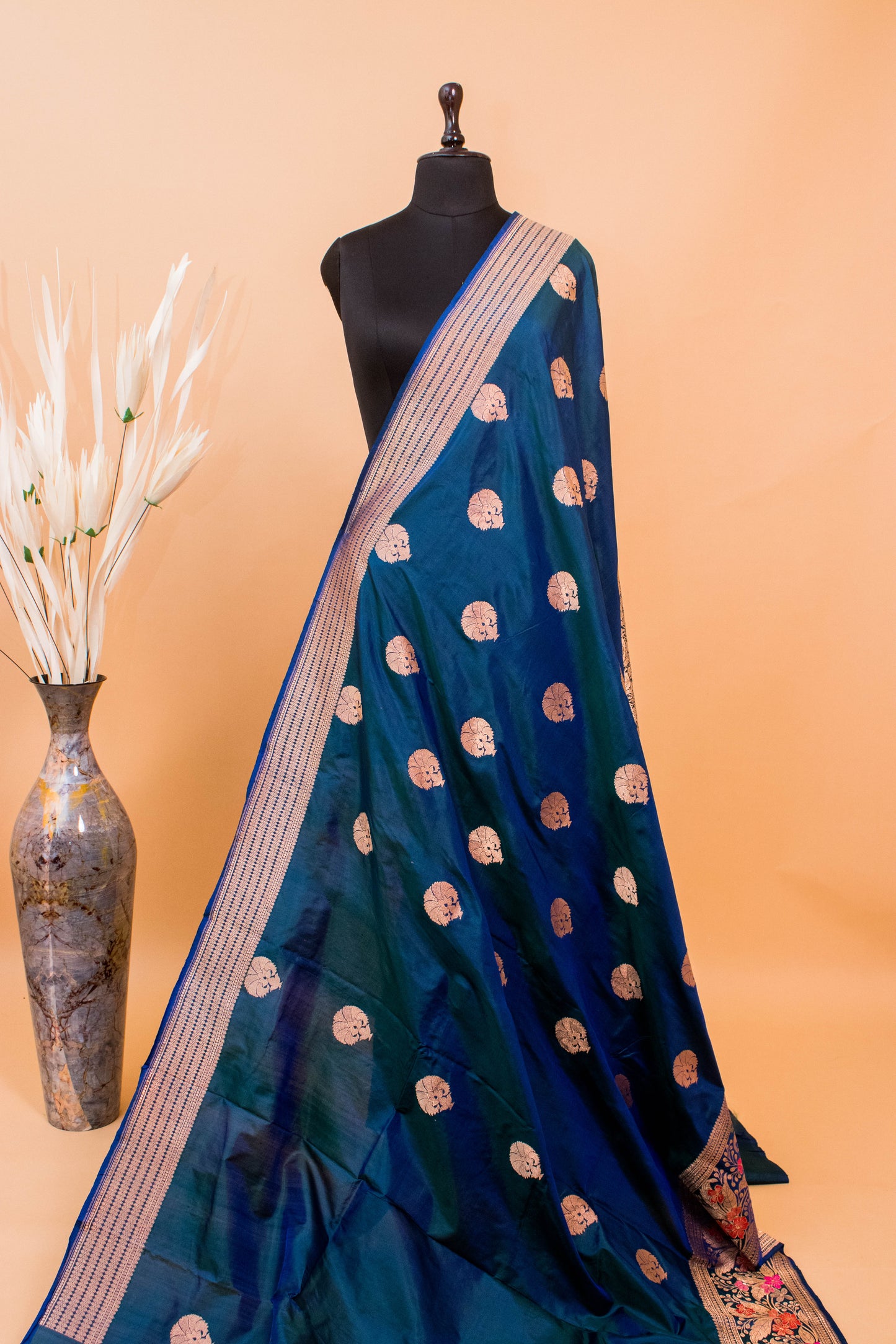 Handloom Banarsi Pure Kataan Silk Meenakari Border Blue