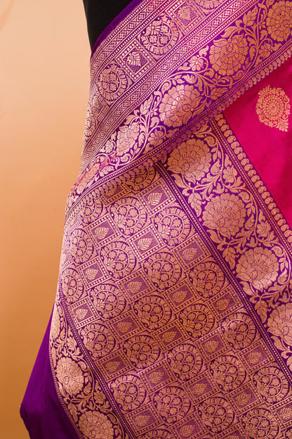 Handloom Banarsi Contrast Broad Border In Pure Kataan Silk Pink