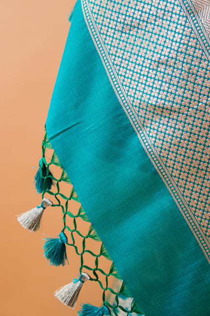 Handloom Banarsi Upaada Jaal In Pure Kataan Silk - Blue