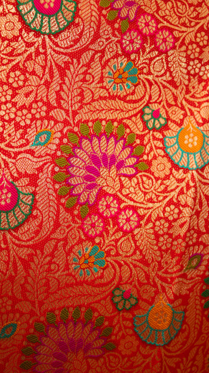 Banarasi Meenakari Jaal Weaving In Silk Fabric Red