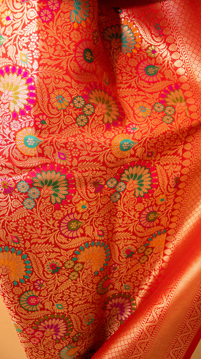 Banarasi Meenakari Jaal Weaving In Silk Fabric Red