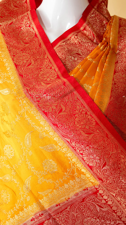 Traditional Banarsi Contrast Border And Jaal Weaving Yellow