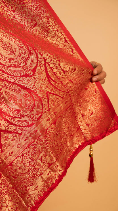 Traditional Banarsi Contrast Border And Jaal Weaving Yellow