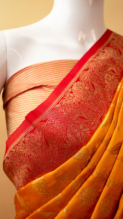 Traditional Banarsi Contrast Border And Jaal Weaving Yellow
