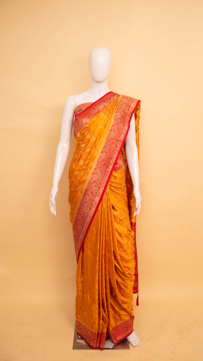 Traditional Banarsi Contrast Border And Jaal Weaving Yellow