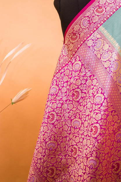 Traditional Banarasi Cotrast Border Butti Weaving-Blue