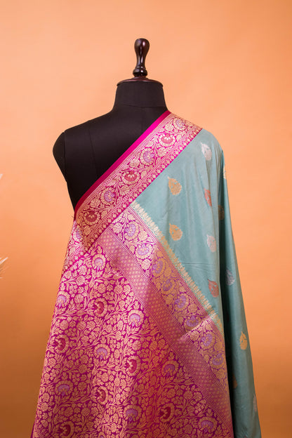 Traditional Banarasi Cotrast Border Butti Weaving-Blue