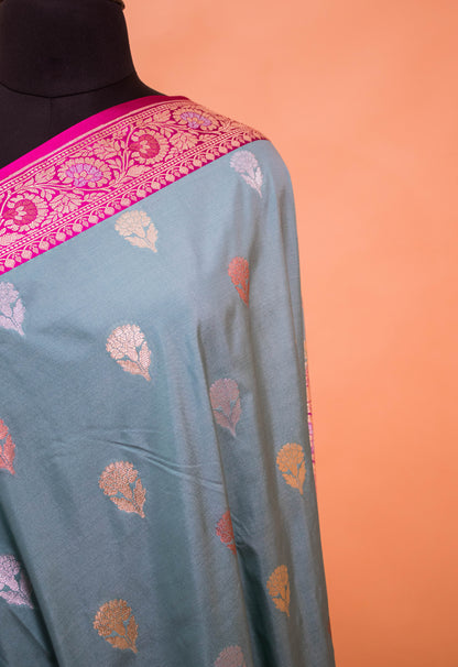 Traditional Banarasi Cotrast Border Butti Weaving-Blue