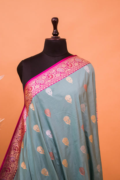 Traditional Banarasi Cotrast Border Butti Weaving-Blue