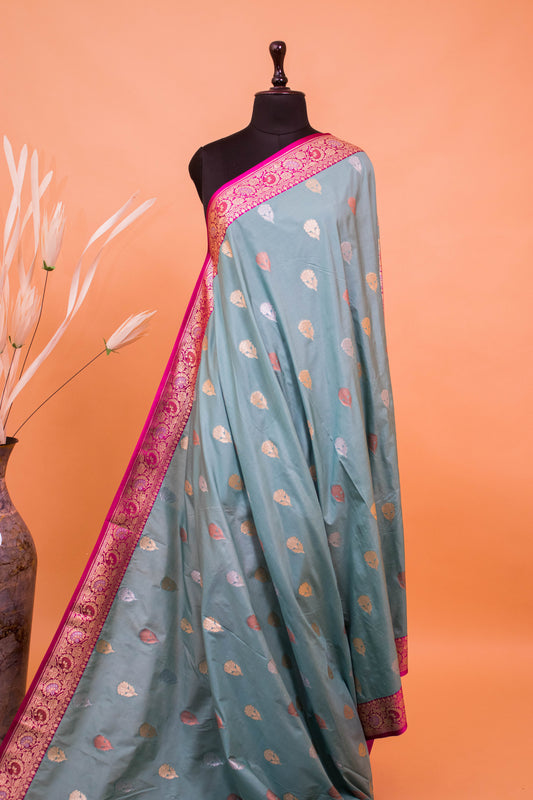 Traditional Banarasi Cotrast Border Butti Weaving-Blue