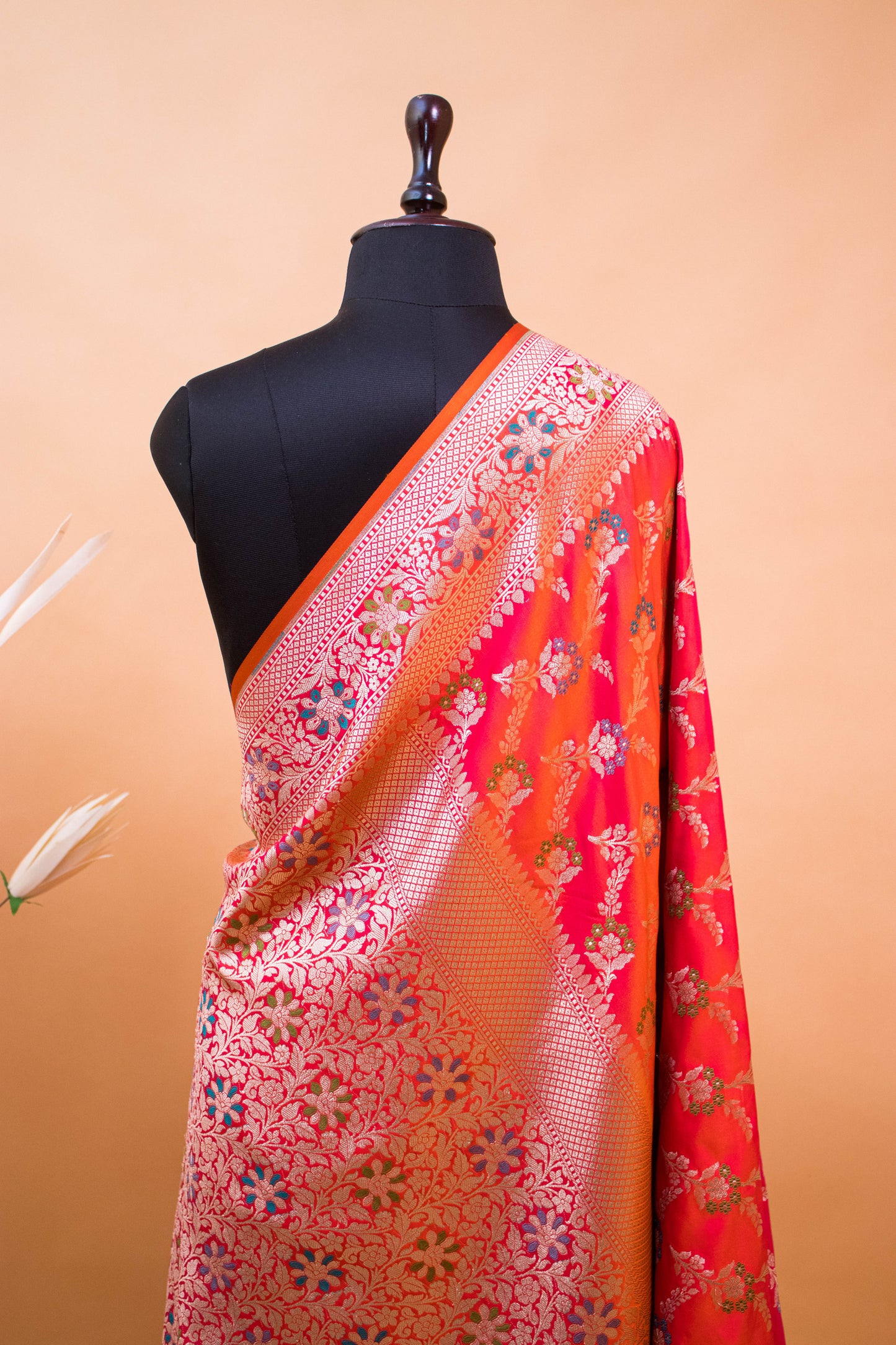Meenakari Jaal Weaving In Banarsi Silk Fabric Orange
