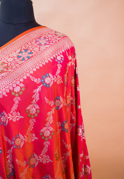 Meenakari Jaal Weaving In Banarsi Silk Fabric Orange