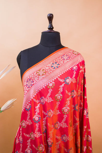 Meenakari Jaal Weaving In Banarsi Silk Fabric Orange