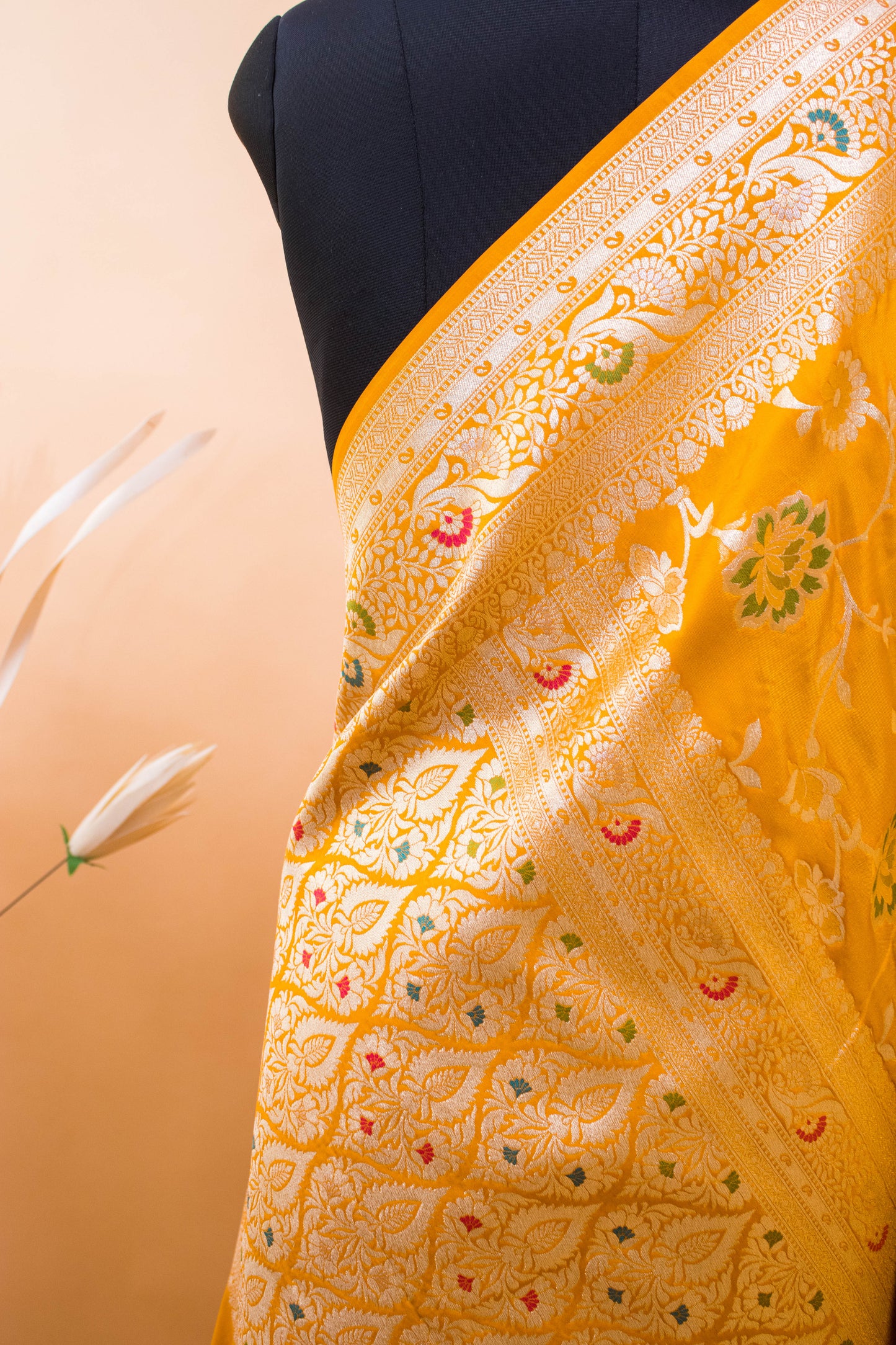 Traditional Meenakari Jaal Weaving In Banarsi Silk Fabric Yellow
